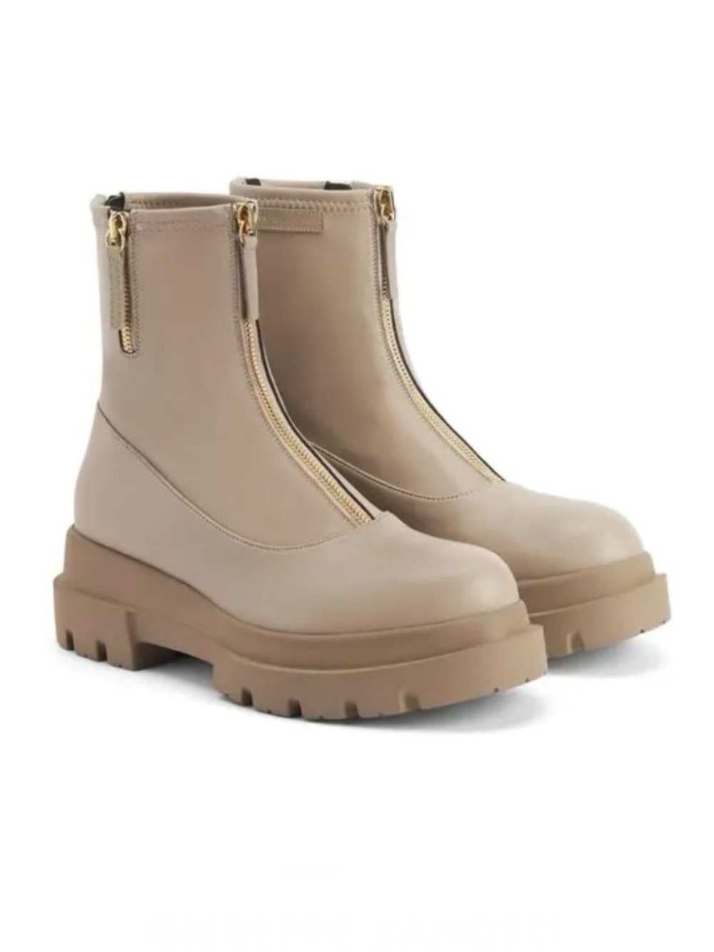 Giuseppe Zanotti Beige Stretch Leather Front Zip Lug Sole Ankle Boot 41